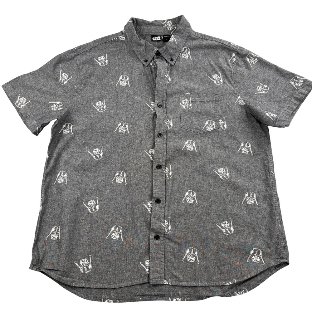 AOP Star Wars Darth Vader Print Button Up Shirt XL Gray Short Sleeve Chambray